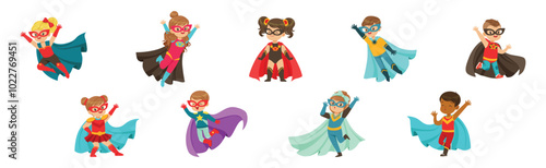Little Kid Superhero in Cloak and Mask Vector Set