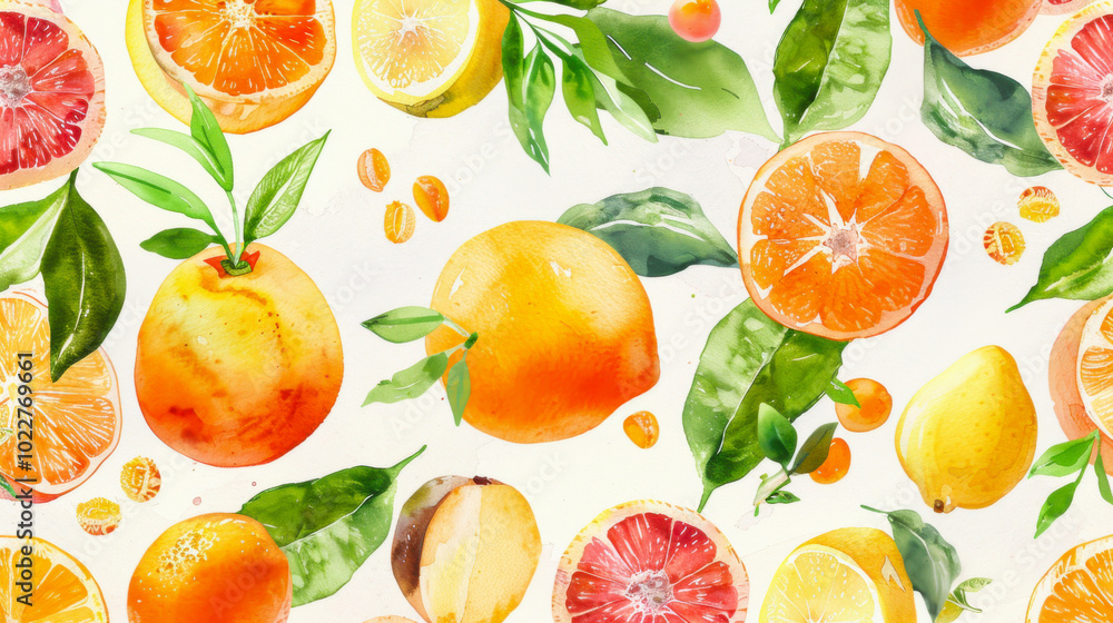 Watercolor pattern of citrus fruits, mango, and lemon and lime leaves for vibrant and summery design Watercolor pattern of citrus fruits, mango, and lemon and lime leaves for vibrant and summery design