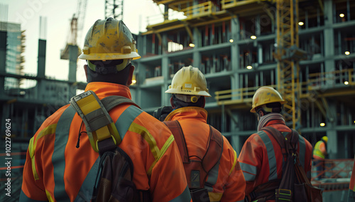 Group of construction workers wearing orange safety jackets and yellow hard hats, standing in front of an industrial building under construction. manager leading a team of construction professionals