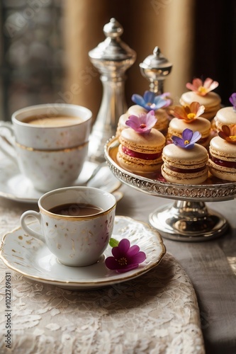 Tea set with teacups, cookies, and floral decorations, elegant afternoon tea