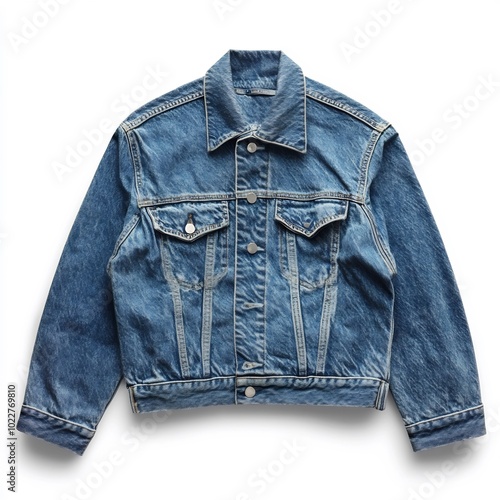 A casual denim jacket with rolled-up sleeves on a white background