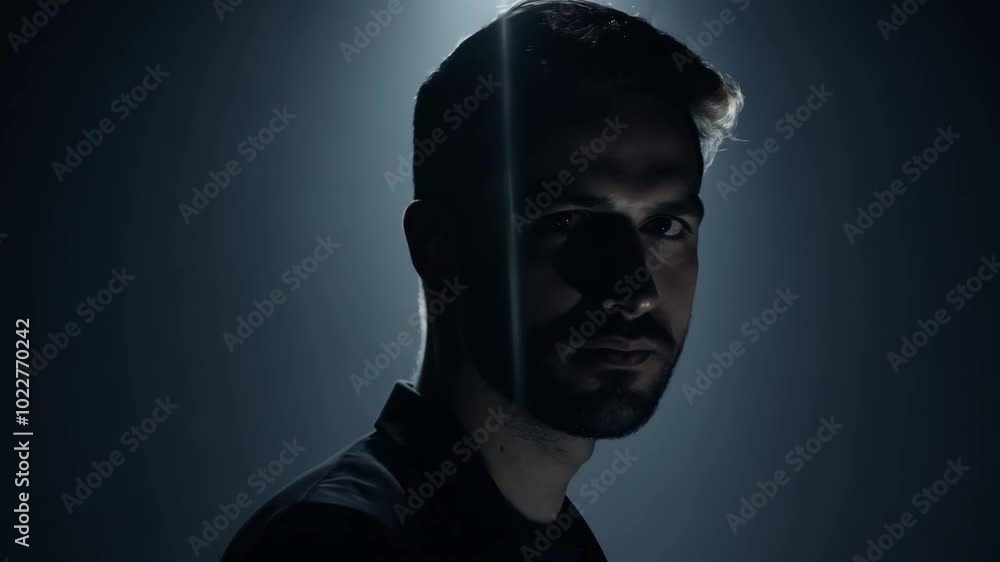 Dramatic portrait of man in shadow with intense expression Dramatic portrait of man in shadow with intense expression