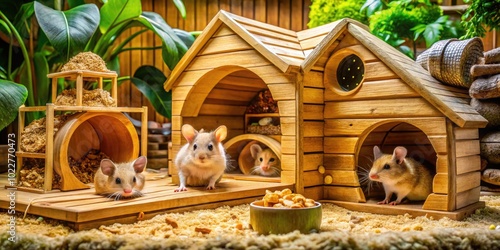 Spacious and Well-Designed Mouse Enclosure with Natural Wood, Bedding, and Accessories for Rodents