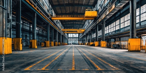 A large, empty warehouse with a window in the middle