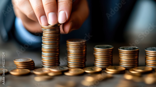 Close-up of businessman putting coin onto stacks of coins