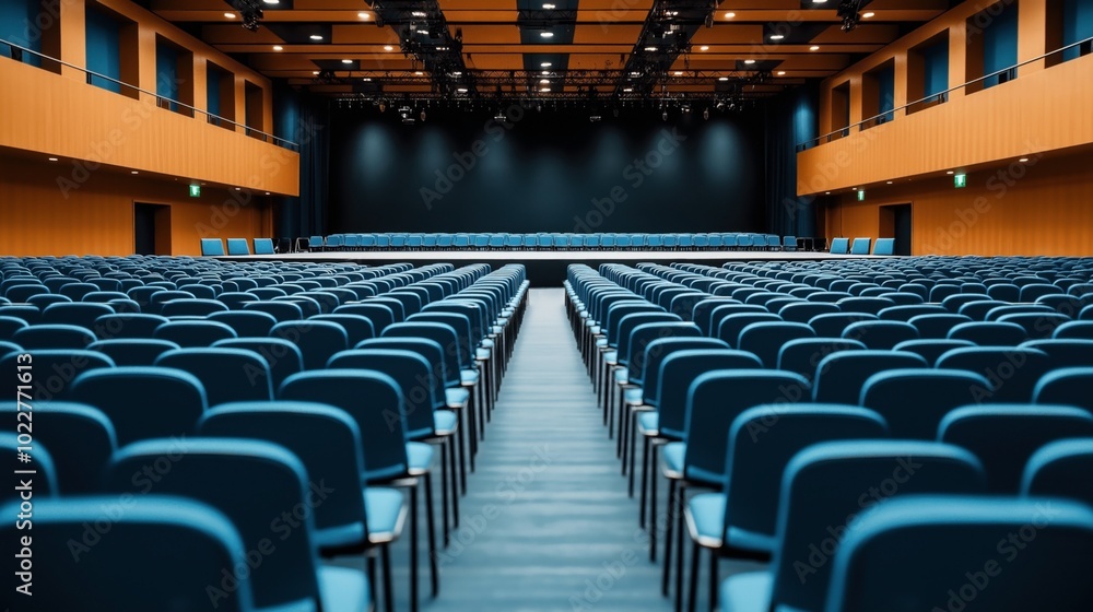 Fototapeta premium Empty auditorium with blue seats, wooden walls, and stage at the front. Overhead lighting illuminates the venue with a modern design.