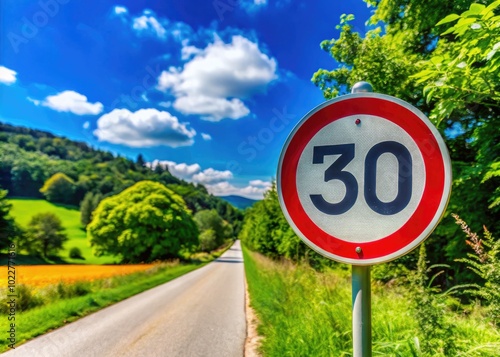 Speed Limit Sign on a Rural Road Surrounded by Lush Greenery and Clear Blue Sky in Daylight