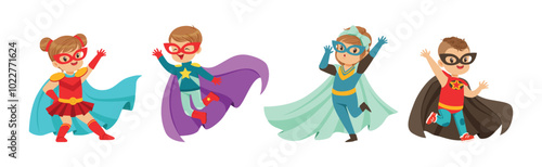 Little Kid Superhero in Cloak and Mask Vector Set