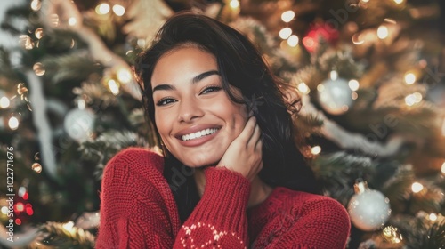 A woman is smiling and posing in front of a Christmas tree