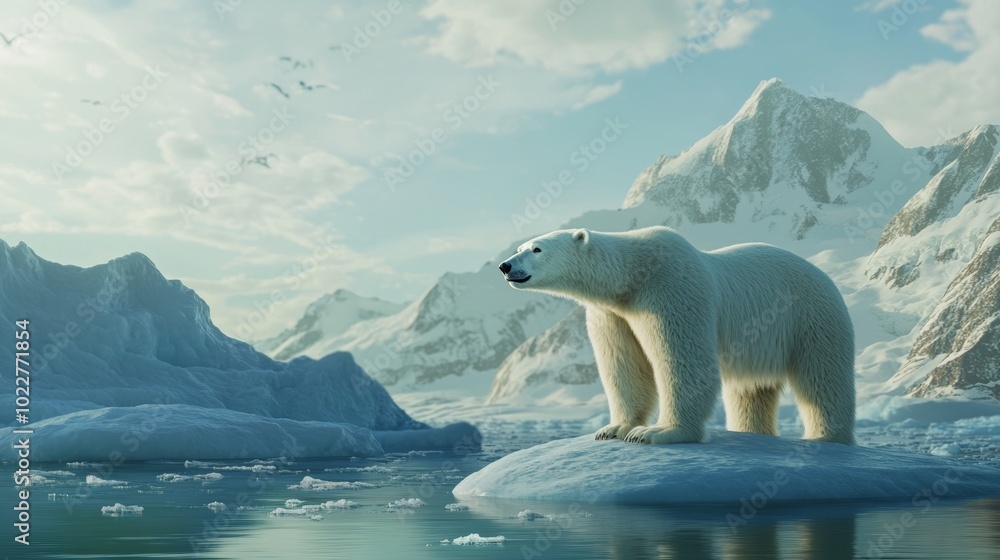 A majestic polar bear stands on a small ice floe in a stunning arctic landscape, with snow-capped mountains in the background. A majestic polar bear stands on a small ice floe in a stunning arctic landscape, with snow-capped mountains in the background.