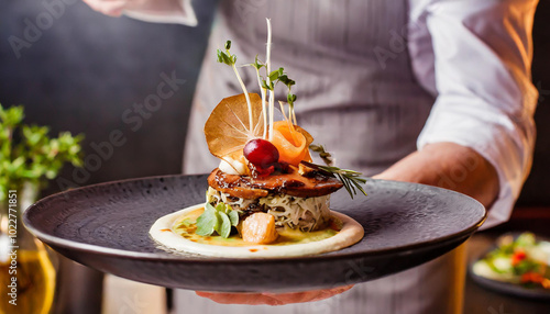 A chef presenting an elegant dish with vibrant garnishes at a gourmet restaurant during dinner service