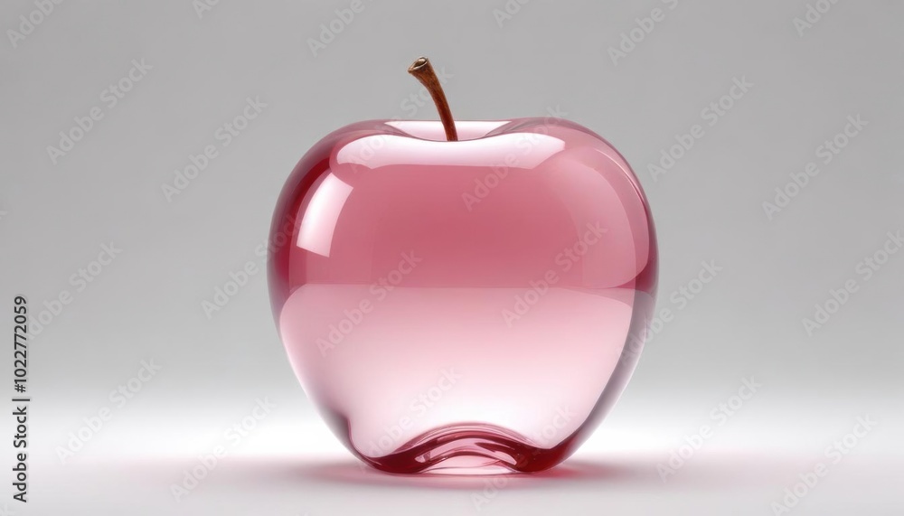 Obraz premium Transparent shiny glass apple 3D with a pink hue sits against a white background