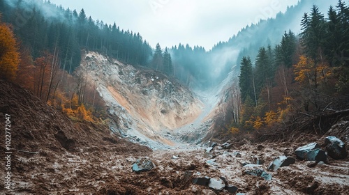 A muddy path in a forest after a landslide, with large rocks and trees in the background.