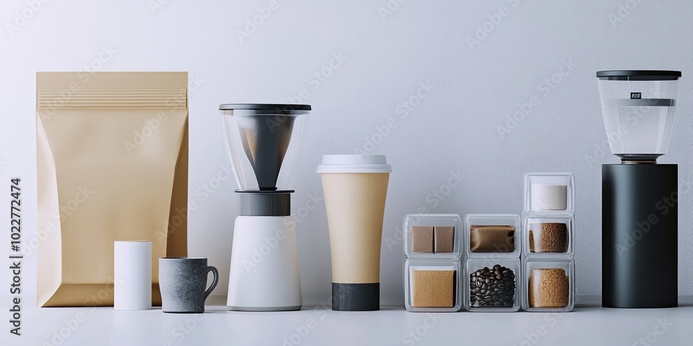 A white coffee maker sits next to a bag of coffee beans and a cup A white coffee maker sits next to a bag of coffee beans and a cup
