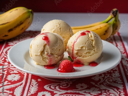 3 vanilla and banana iice cream with strawberries 