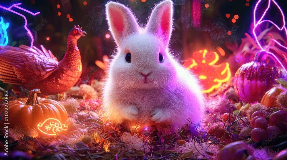 A cute white rabbit surrounded by vibrant decorations, pumpkins, and colorful lights in a magical autumn setting. A cute white rabbit surrounded by vibrant decorations, pumpkins, and colorful lights in a magical autumn setting.