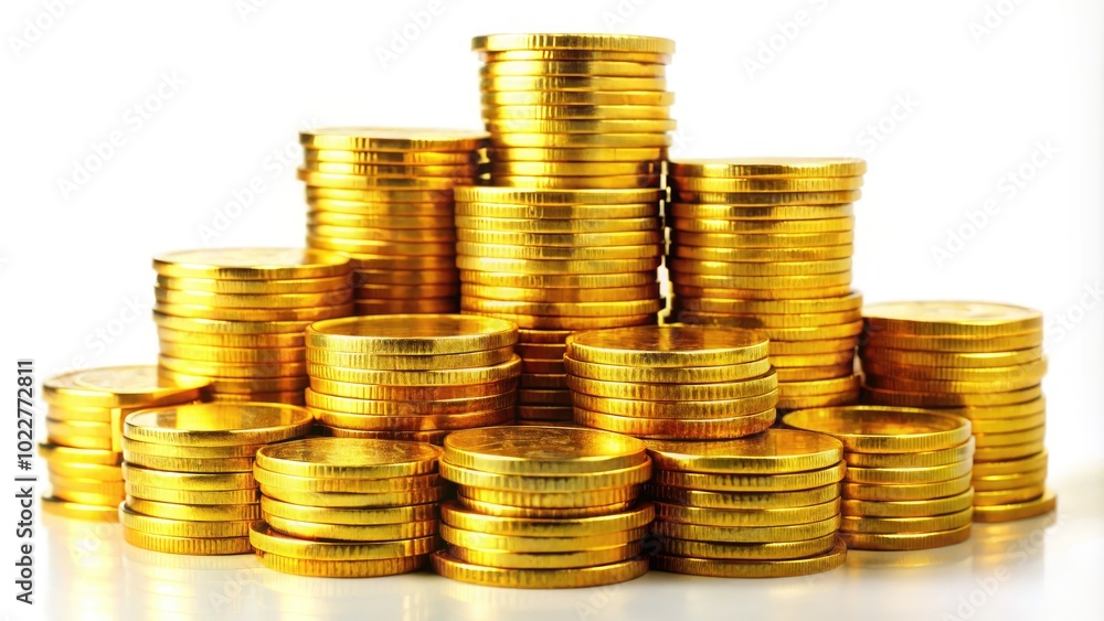 Stack of Shiny Golden Coins Symbolizing Wealth, Prosperity, and Financial Success on White Background