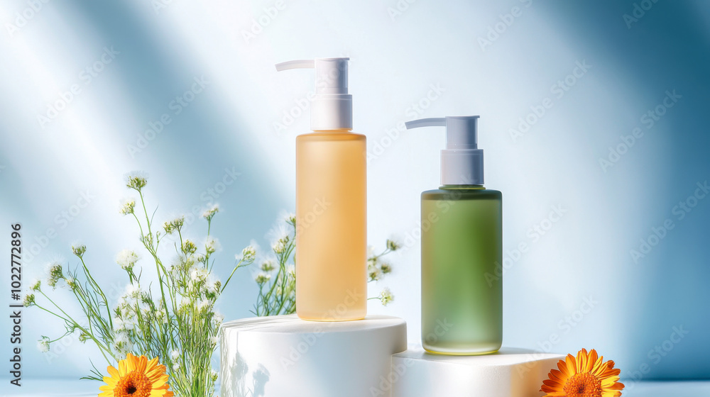 bright blue sky background, two facial cleansers on the steps, there is little foam in the corner, bright blue sky background, two facial cleansers on the steps, there is little foam in the corner,