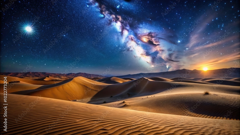 Naklejka premium Starry Night Over the Sahara Desert with Sand Dunes and a Clear Sky Illuminated by the Moonlight