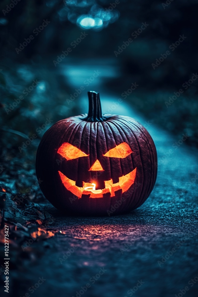 Halloween pumpkin lit in dusk on path, eerie mood. Halloween pumpkin lit in dusk on path, eerie mood.