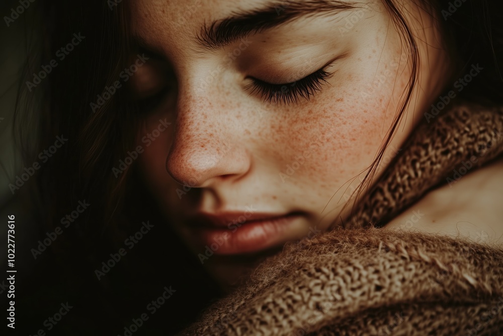 Fototapeta premium A person gently hugging themselves with closed eyes, embracing tranquility and self-love