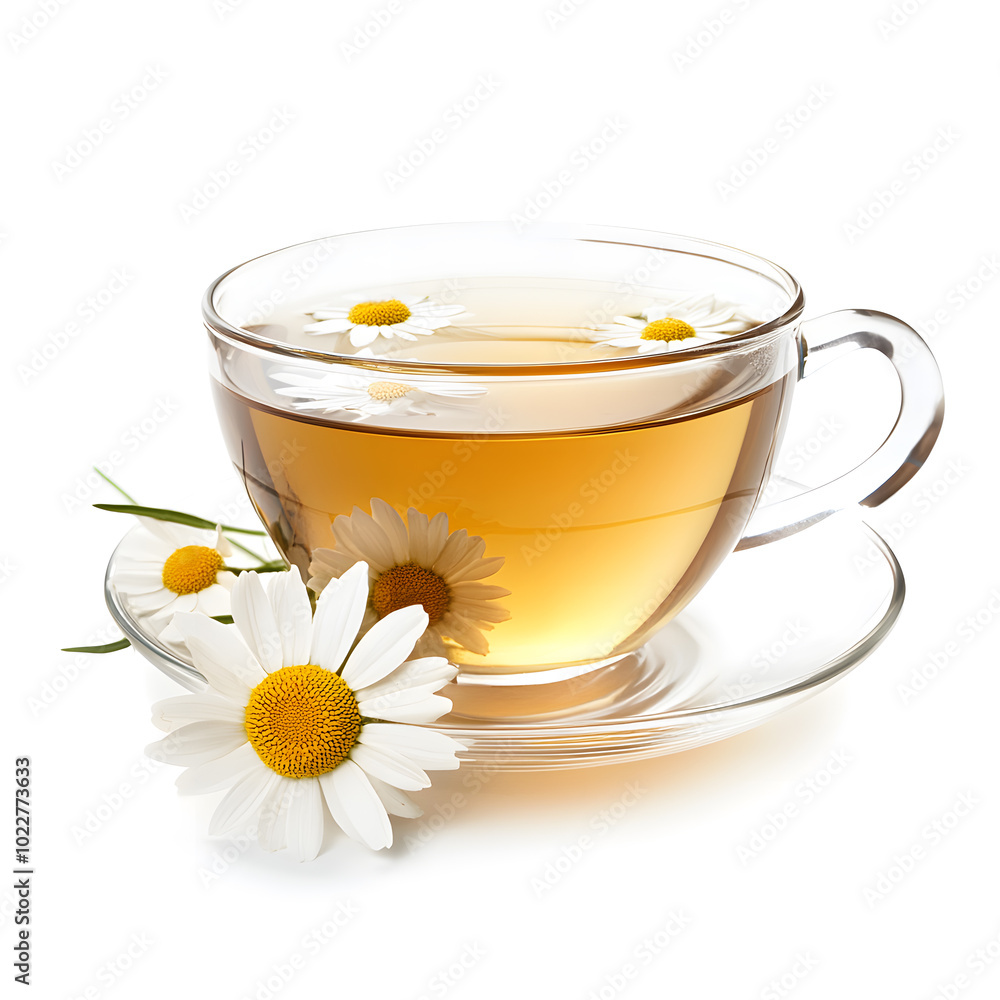 Chamomile tea in clear cup isolated on a white background Chamomile tea in clear cup isolated on a white background