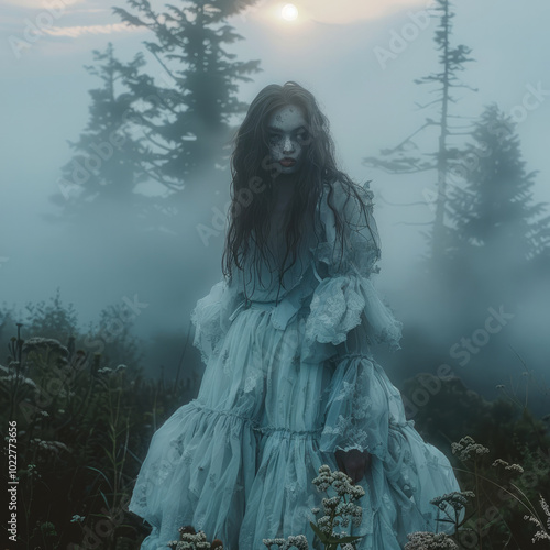 In a fog-drenched forest at twilight, a spectral figure emerges, the model draped in a billowing sheer gown. photo