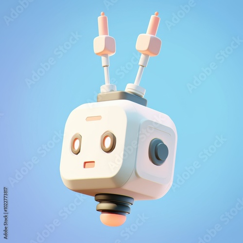 A robot head with antennas, made in the form of a 3D icon in a cartoon style