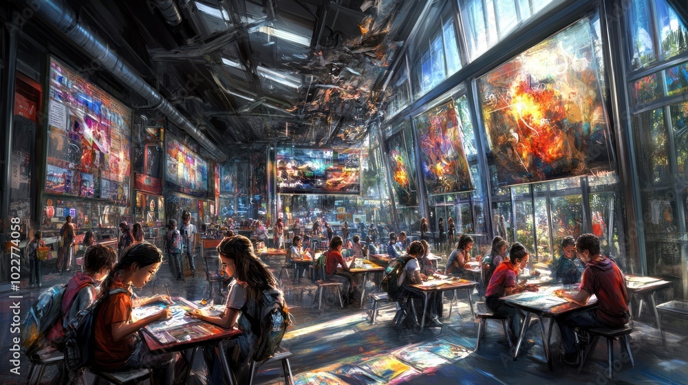 Obraz premium A vibrant indoor space with people engaged in activities surrounded by large screens and art.