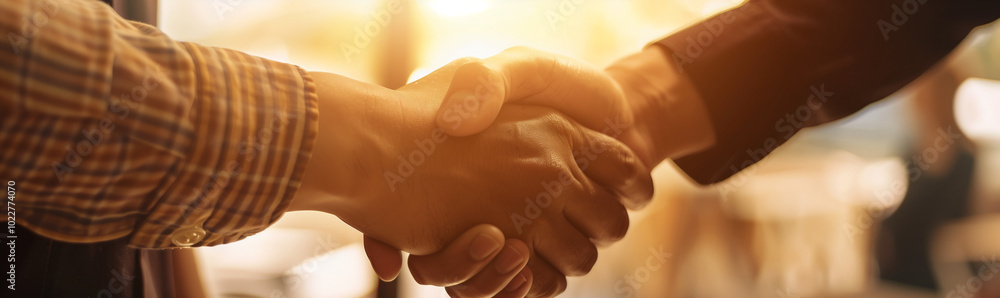Naklejka premium Business Professionals Shaking Hands in Sunlit Office Meeting, deal-making moment captured for banner design with cinematic effect.