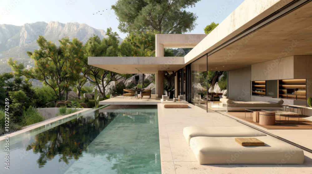Fototapeta premium Architecture 3d rendering of modern minimal house with natural landscape