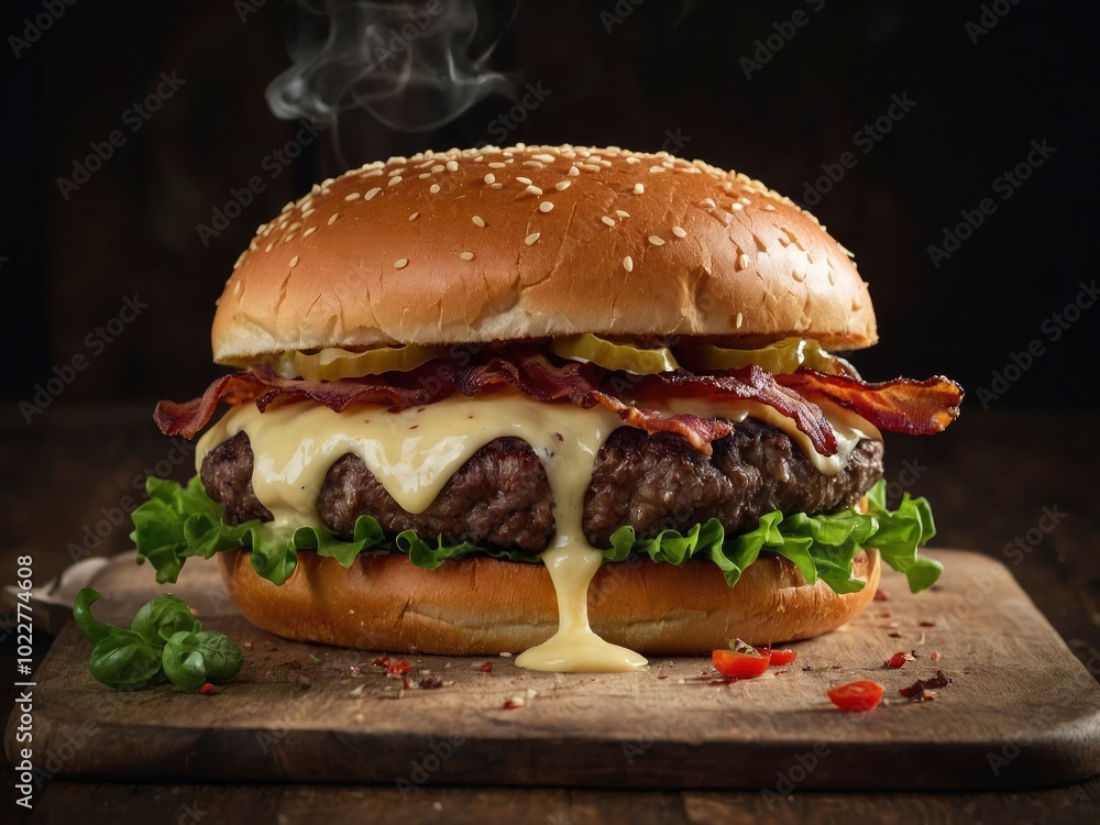 Big juicy burger with bacon and melted pepper jack cheese. Tempting bacon cheeseburger extravaganza Big juicy burger with bacon and melted pepper jack cheese. Tempting bacon cheeseburger extravaganza