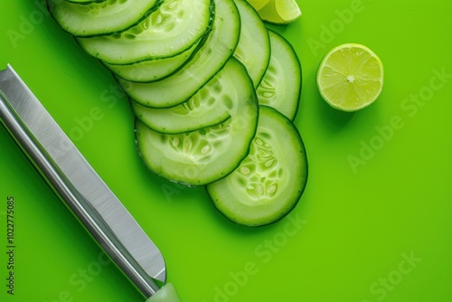 Freshly sliced cucumber on a vibrant green cutting board with lime wedges nearby