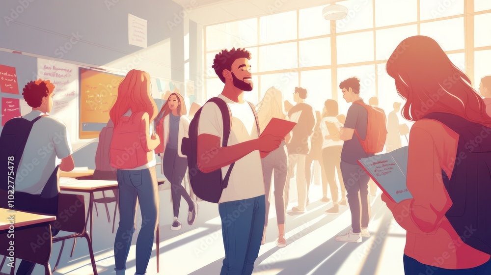 A lively classroom scene with students engaging and interacting in a bright environment. A lively classroom scene with students engaging and interacting in a bright environment.
