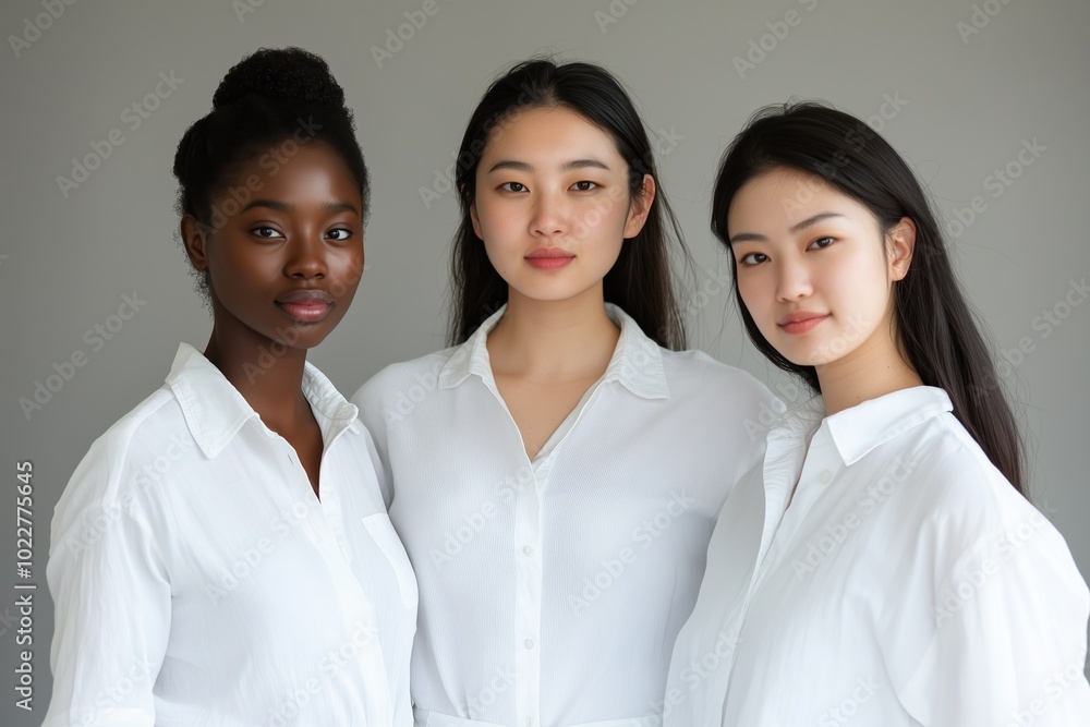 Three women of different ethnicities stand close together, all wearing white attire Three women of different ethnicities stand close together, all wearing white attire