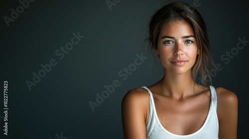 Beautiful woman in white T-shirt Female breast dark background