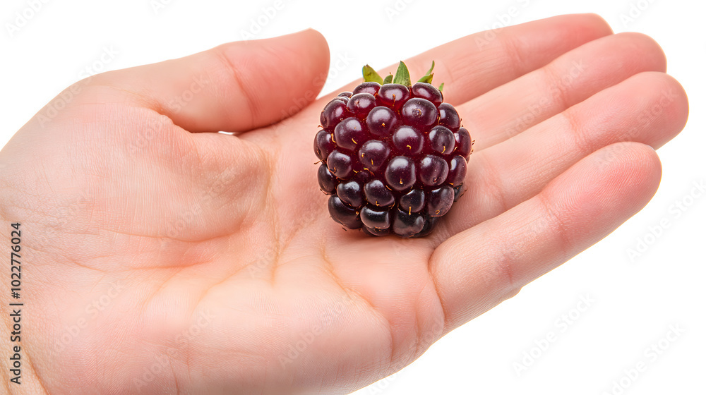 Top view of a berry resting on an open hand isolated on a white background