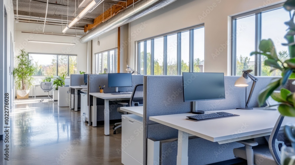 Several workstations with sleek white tables and gray upholstered booth seats are seen in this contemporary office setting. Every workstation has a desk lamp that can be adjusted and a huge display. Several workstations with sleek white tables and gray upholstered booth seats are seen in this contemporary office setting. Every workstation has a desk lamp that can be adjusted and a huge display.