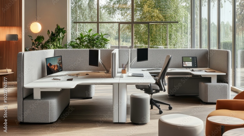 Several workstations with sleek white tables and gray upholstered booth seats are seen in this contemporary office setting. Every workstation has a desk lamp that can be adjusted and a huge display. Several workstations with sleek white tables and gray upholstered booth seats are seen in this contemporary office setting. Every workstation has a desk lamp that can be adjusted and a huge display.