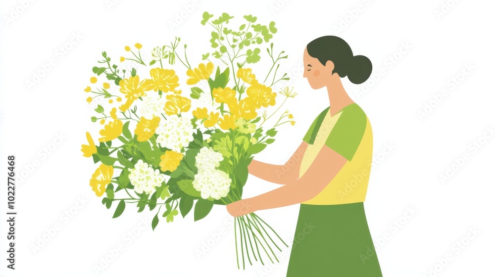llustration of a florist arranging a bouquet with vibrant blooms llustration of a florist arranging a bouquet with vibrant blooms