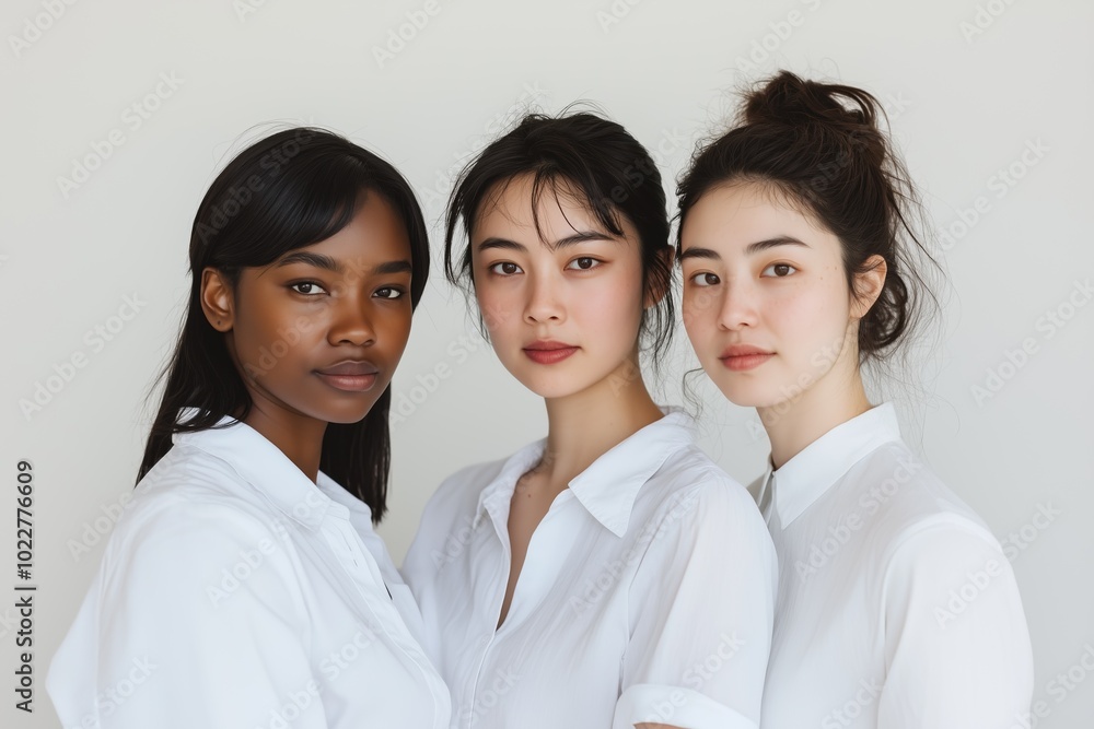Three women of diverse backgrounds pose together in white outfits against a neutral backdrop Three women of diverse backgrounds pose together in white outfits against a neutral backdrop