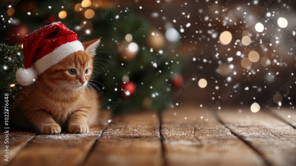 Adorable ginger kitten in a santa hat sits on a wooden floor with a christmas tree in the background, creating a feeling of holiday warmth and excitement Adorable ginger kitten in a santa hat sits on a wooden floor with a christmas tree in the background, creating a feeling of holiday warmth and excitement