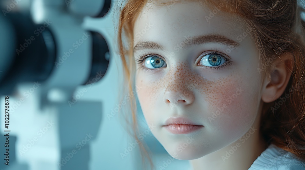 Young girl with red hair and blue eyes looking at the camera during an eye exam. Young girl with red hair and blue eyes looking at the camera during an eye exam.