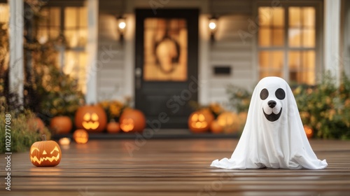 Obraz na płótnie Golden retriever in a ghost costume poses on a halloween themed porch, with cozy home adding warmth to the spooky scene w salonie