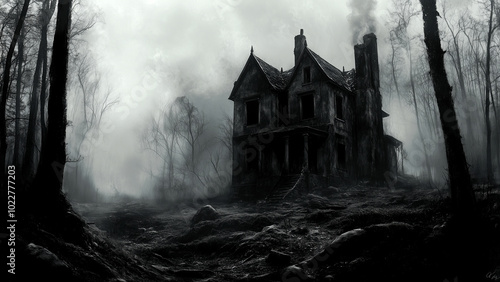 A spooky house nestled deep in the shadowy forest