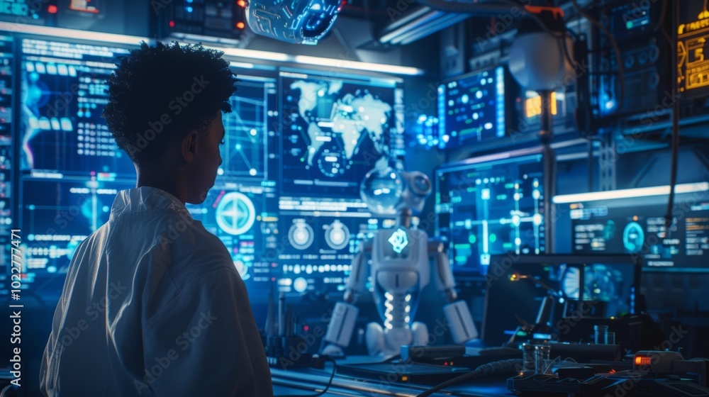 A young scientist observes a futuristic robot in a high-tech lab filled with screens and glowing interfaces, exploring the future of technology. A young scientist observes a futuristic robot in a high-tech lab filled with screens and glowing interfaces, exploring the future of technology.