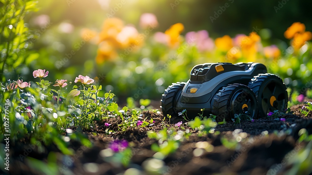 An autonomous weeding machine pulling small weeds from a garden bed, detailed view of its mechanical tools, colorful flowers and green plants in the background, An autonomous weeding machine pulling small weeds from a garden bed, detailed view of its mechanical tools, colorful flowers and green plants in the background,
