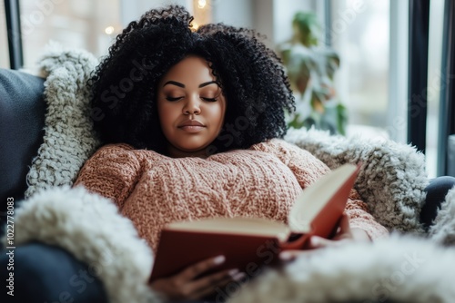 Charming plus size woman relaxing at home with a book on a cozy day