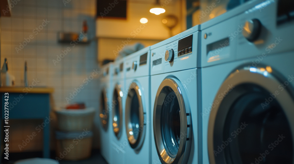 Clean laundry awaits in a bright, modern laundromat during a sunny afternoon filled with fresh air and a calm atmosphere Clean laundry awaits in a bright, modern laundromat during a sunny afternoon filled with fresh air and a calm atmosphere