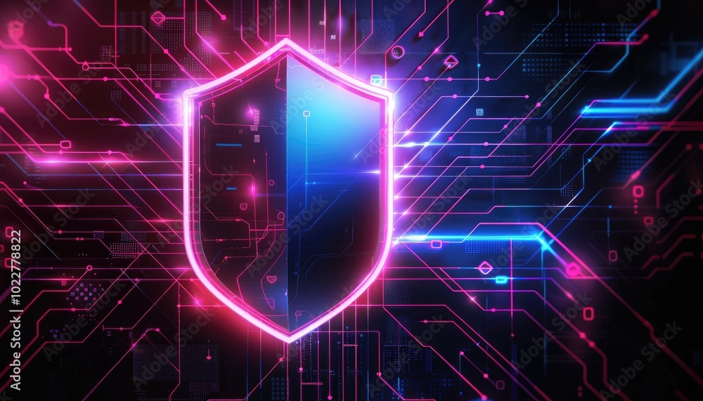 Glowing Shield Icon Over Futuristic Circuitry Glowing Shield Icon Over Futuristic Circuitry